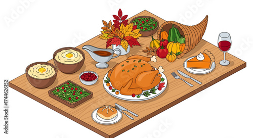 Overhead view of a thanksgiving feast featuring turkey, sides, and a cornucopia on a wooden table
