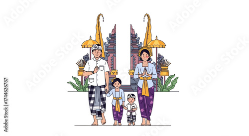 An illustrated Indonesian family from Bali wearing traditional attire in front of a temple gate