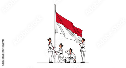 Illustration of Indonesian flag-raising ceremony with honor guard for independence day celebration