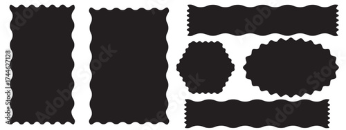 Set of square, rectangle, circle and oval shapes with wavy edges. Empty text boxes, tags, labels or stickers templates with undulate borders and wavy effect vector illustration on white background