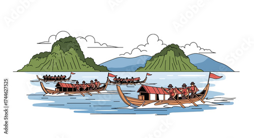 Illustration of Traditional Boats on Water: A vibrant illustration showcasing traditional boats navigating a serene body of water, surrounded by picturesque landscapes.
