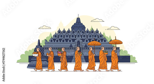 Pilgrimage of Serenity: A procession of monks, clad in vibrant saffron robes, gracefully advances towards a majestic temple. The scene, filled with spiritual reverence.