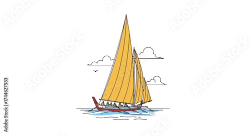 Sailing vessel on the ocean: A charming sailboat glides gracefully across the open water, sails billowing with the gentle breeze, as it embarks on its voyage towards the horizon.