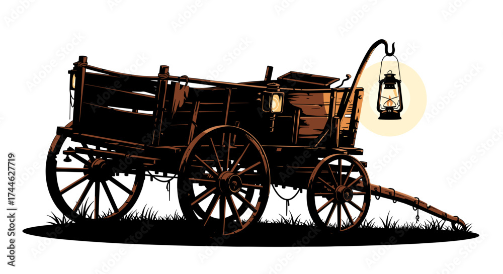 Fototapeta premium Rustic Wagon at Dusk: An old wooden wagon stands silhouetted against the soft glow of twilight, illuminated by a hanging lantern, evoking a sense of nostalgia for simpler times.