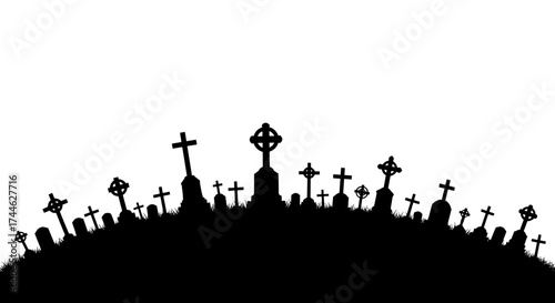 Silent Sanctuary: A somber scene of silhouettes of crosses and headstones against the light, evoking a sense of remembrance, reflection, and the solemnity of mortality.