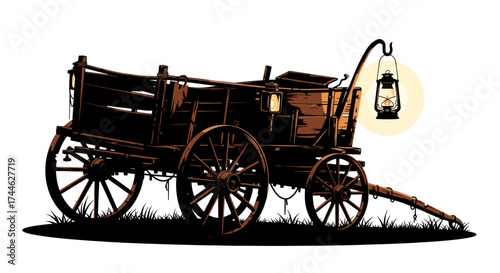 Rustic Wagon at Dusk: An old wooden wagon stands silhouetted against the soft glow of twilight, illuminated by a hanging lantern, evoking a sense of nostalgia for simpler times.