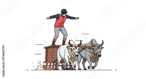 Bullock Cart Racing: A vibrant illustration of a person balanced atop a cart pulled by two powerful bullocks, showcasing the energy and thrill of the sport.
