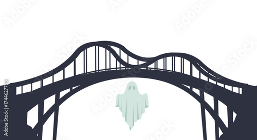 Ghost under the Bridge: A spooky depiction of a quaint bridge silhouetted against the evening sky, with a spectral ghost hanging from below, and a mysterious atmosphere. 