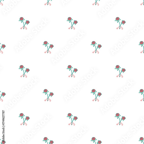 Delicate Floral Pattern With Small Teal And Red Flowers On White Background