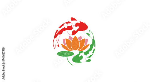 Koi Fish and Lotus: Symbol of Serenity. Two koi fish gracefully circle a lotus flower in this minimalist artistic representation of zen harmony. Symbolizing balance, peace, and tranquility