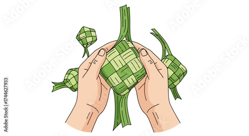 Crafting Ketupat: A close-up shot depicts hands meticulously weaving fresh green Ketupat, a traditional Southeast Asian rice cake, against a bright background.