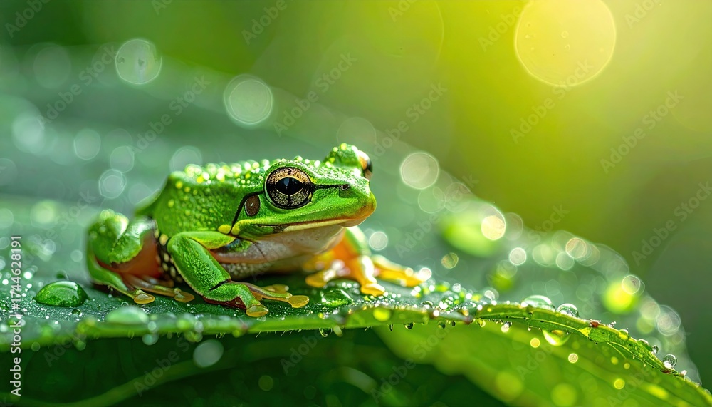 Obraz premium Vibrant Green Tree Frog Covered in Dew Drops on Lush Leaf in Soft Bokeh Lighting