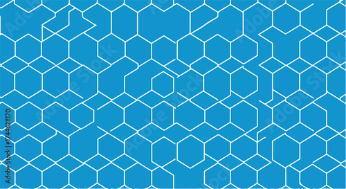 Geometric pattern of interconnected hexagons on a blue background.