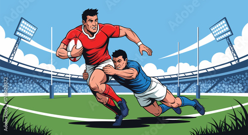 Rugby Players in Action Intense Tackle and Ball Possession on Field.