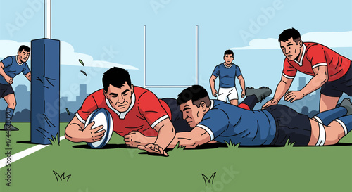 Rugby players in action one scoring a try with determined expressions.