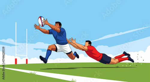 Rugby Player Reaching for Ball While Opponent Dives to Intercept.