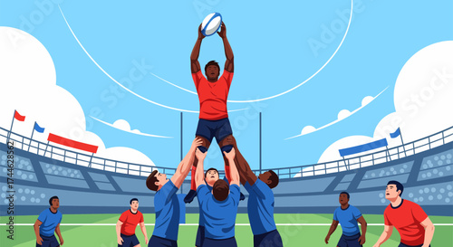 Rugby Players Competing for the Ball in a Dramatic Stadium Scene.