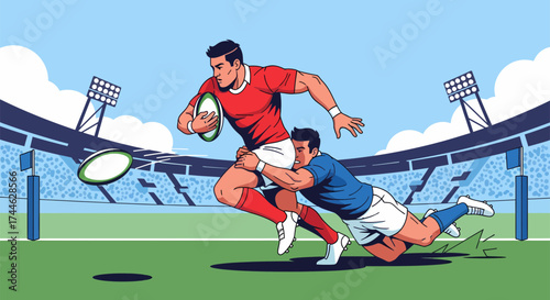 Rugby Players in Action A Dynamic Tackle During a Competitive Match.