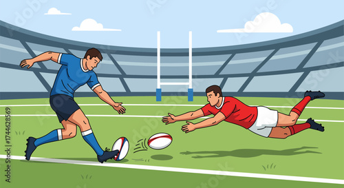 Rugby Players in Action Kicking and Diving for the Try in Stadium.