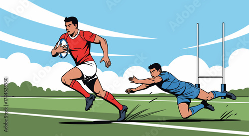 Rugby players in action A redclad runner evades a blueclad diving tackler.