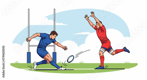 Rugby Players in Action Kicking and Reaching for the Oval Ball.