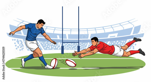 Rugby players in action Kicking the ball and diving for a try.