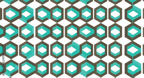 Geometric pattern of teal and brown hexagons and diamonds on white background.