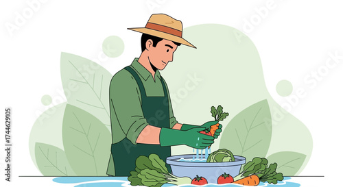 Gardener Washing Fresh Vegetables, Preparation for Dinner, Healthy Illustration