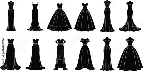Black dress silhouettes, formal gown styles, elegant fashion collection, neckline variety, ball gowns, sleek cuts, ruffles, chic design, charm, beauty