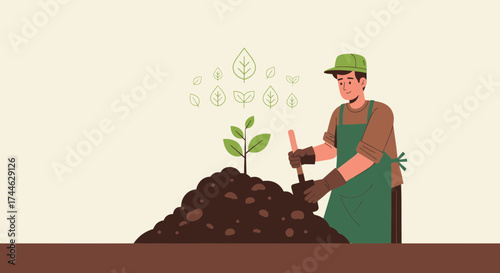 Gardeners Joyfully Planting Saplings in Fertile Earth, Cultivating a Lush Environment