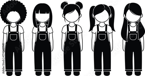 Cartoon girl illustration, diverse hairstyles, blank face character, black overalls, white shirt, vector art, individuality theme, modern design