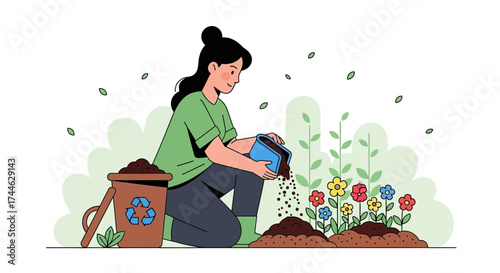 Gardening Woman Adding Nutrients to Flowers in a Beautiful Blooming Garden Scene