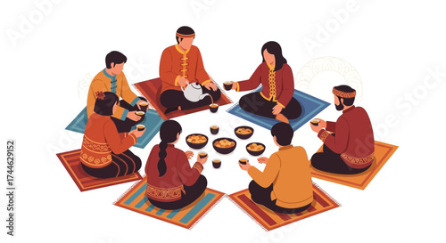 Gathering Around For A Delightful Tea Ceremony With Traditional Attire And Snacks