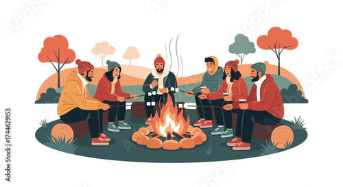 Gathering By A Fire, Friendship And Cozy Autumn Moments Illustrated In The Woods