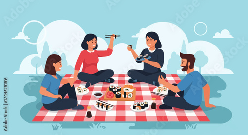 Gathering Friends Enjoying Sushi Picnic On A Sunny Day Under The Sky