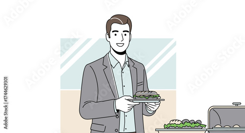 Gentleman Enjoying Lunch At A Catering Event With A Gourmet Sandwich In His Hands