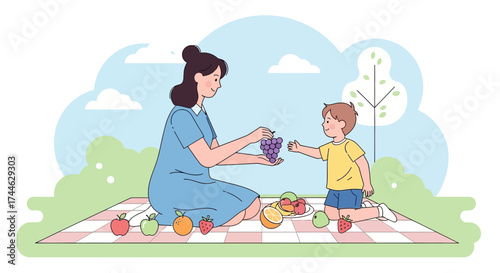 Gentle Sunshine Moment: A Mom Shares Grapes With Her Child During a Happy Picnic Outing