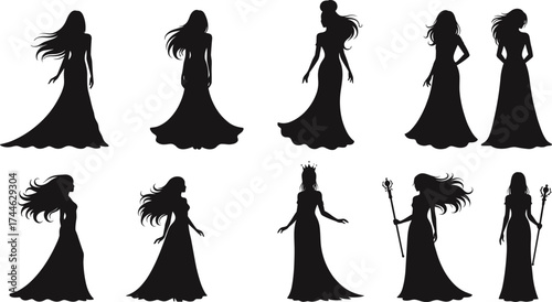 Elegant woman silhouette, flowing dress, crown and staff, fantasy character, artistic pose, black illustration, graceful style, vector design
