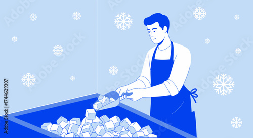 Gentleman Scooping Ice Cubes Amid Snowflakes in A Cool Blue-Toned Environment