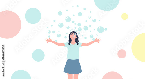 Girl Blowing Bubbles with Joy Surrounded by Colorful Spheres on White Background