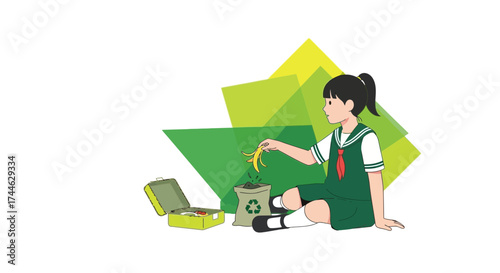 Girl Carefully Disposing Bananas Peel, Promoting Eco-Friendly Lifestyle Initiatives