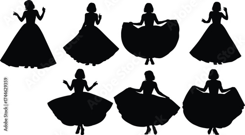Elegant woman silhouettes, flowing dress poses, graceful movement, fashion illustration, black figures, stylish gestures, artistic design, dance-inspired, charm, beauty