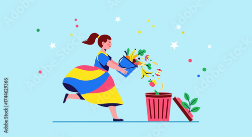 Girl Disposing Of Organic Waste Into A Garbage Can For Environmental Conscious Action