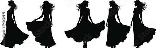 Elegant woman silhouette, flowing dress, dancing pose, long hair, black illustration, fashion movement, artistic style, graceful figure, vector art