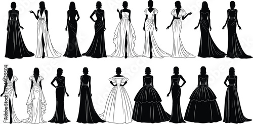 Evening gown silhouette, fashion illustration, black and white dress, formal wear, elegant style, strapless, halter, ruffle, vector art