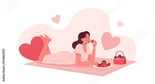 Girl enjoying strawberries, lying down on a picnic mat with a heart and love