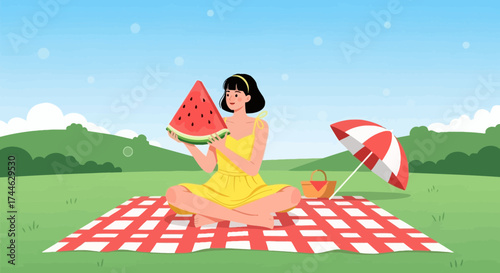 Girl Enjoying Watermelon At Picnic On A Sunny Day With Red And White Umbrella