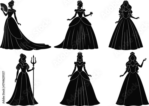 Fantasy princess silhouettes, elegant gown poses, magical character design, royal accessories, black figures, mythical themes, charm, grace, crown, fan