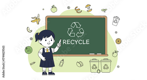 Girl Explaining Recycling and Environmental Sustainability in an Educational Illustration