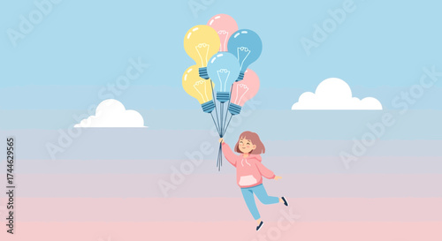 Girl Floating With Idea Balloons Illustrating Concepts of Creativity And Inspiration